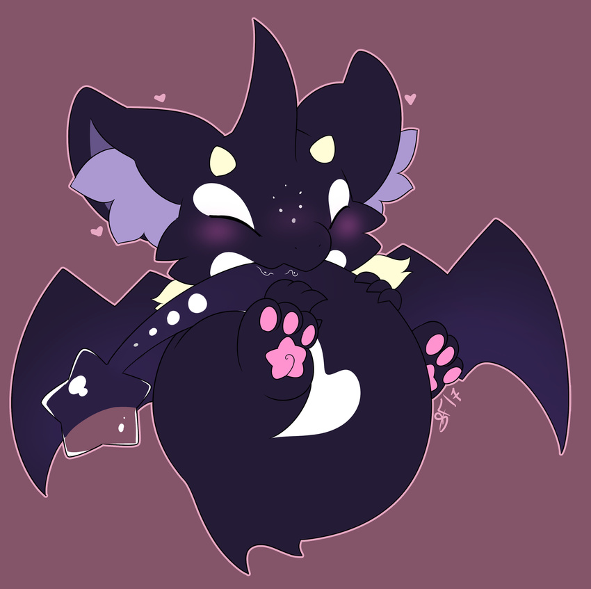 &lt;3 blush chibi cute dragon eyes_closed horn inner_ear_fluff iota male membranous_wings nude pawpads paws reclining semi-anthro signature slimefur smile solo spread_legs spreading tail_in_mouth wings