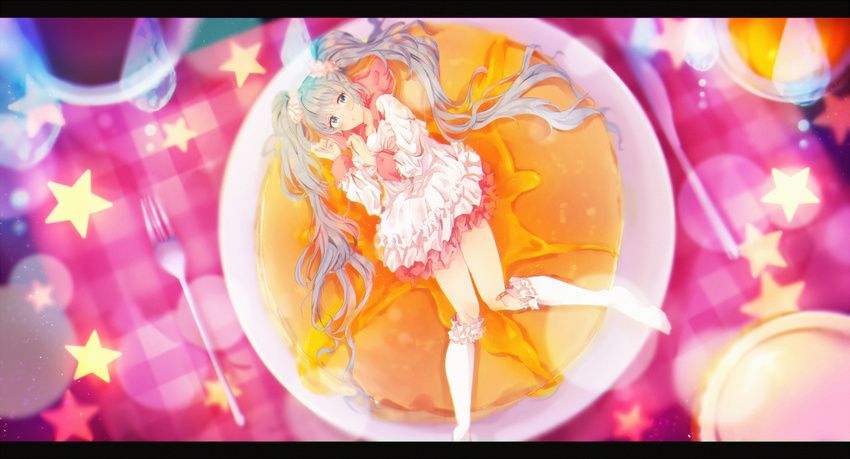 aqua_eyes aqua_hair blurry boots crystal dress food fork frilled_dress frills hatsune_miku highres in_food knee_boots knees_together_feet_apart knife letterboxed long_hair lots_of_laugh_(vocaloid) lying minigirl najuco_(naju0517) on_back on_plate pancake plate pouty_lips scrunchie short_dress solo star twintails very_long_hair vocaloid white_dress