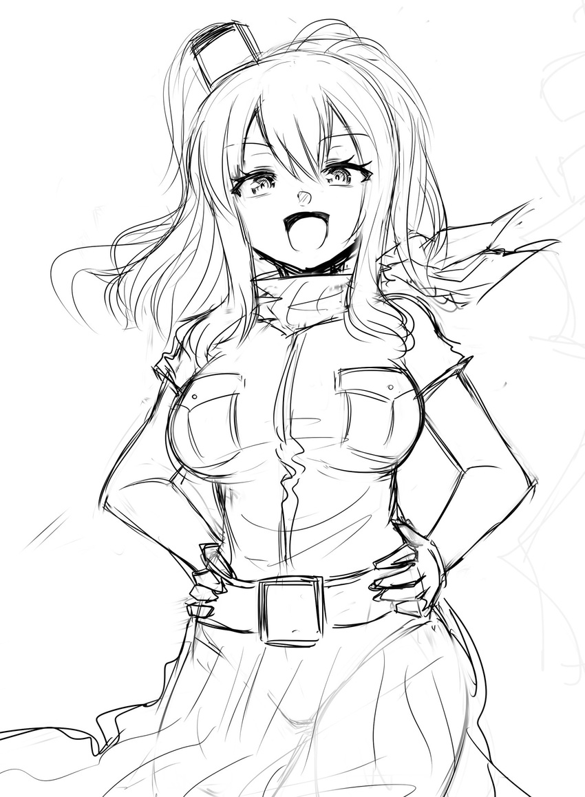 belt breast_pocket cowboy_shot dress greyscale hands_on_hips highres kantai_collection kirigakure_(kirigakure_tantei_jimusho) lineart long_hair looking_at_viewer monochrome neckerchief open_mouth pocket ponytail saratoga_(kantai_collection) side_ponytail sketch solo