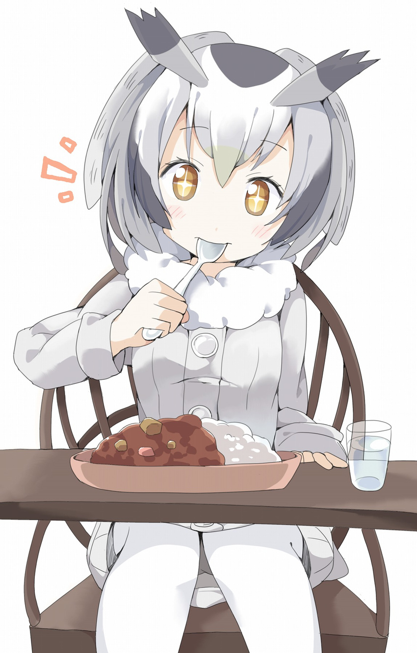 1girl brown_eyes brown_hair buttons chair coat commentary_request curry curry_rice eating eyebrows_visible_through_hair food fur_collar fur_trim glass grey_hair hair_between_eyes head_tilt head_wings highres kemono_friends long_sleeves looking_at_viewer multicolored_hair northern_white-faced_owl_(kemono_friends) pantyhose rice short_hair sitting solo spoon spoon_in_mouth symbol-shaped_pupils table tantan_men_(dragon) white_background white_hair white_legwear wings