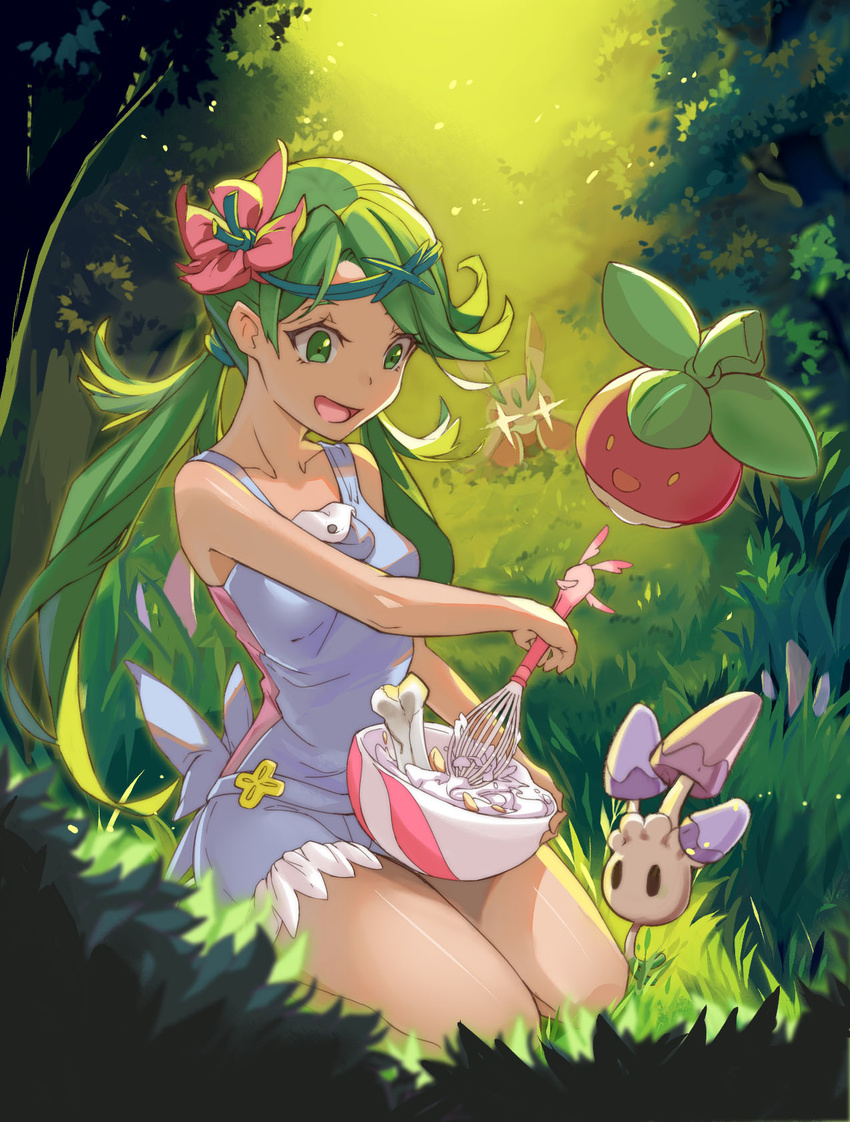 1girl :d apron bangs bare_arms bone bounsweet bowl breasts bush collarbone commentary cream dark_skin flower forest gen_7_pokemon grass green_eyes green_hair hair_flower hair_ornament highres lurantis mao_(pokemon) medium_breasts mixer_(cooking) morelull nature open_mouth outdoors peeking_out pink_shirt pokemon pokemon_(creature) pokemon_(game) pokemon_sm seiza shirt sitting sleeveless sleeveless_shirt smile sparkling_eyes swept_bangs thighs tree trial_captain twintails zhu_mu_cunix