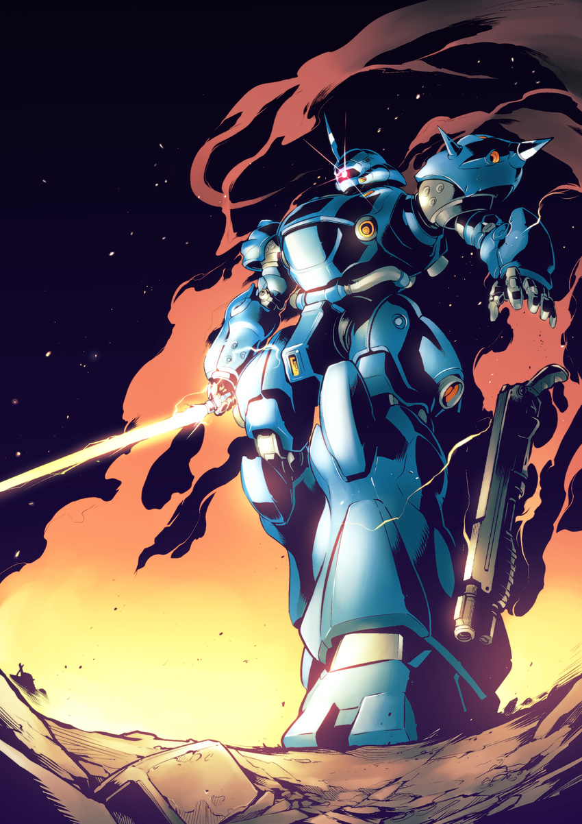 commentary_request dropping electricity embers energy_sword fire full_body glowing glowing_eyes gun gundam gundam_0080 highres ishiyumi kampfer_(mobile_suit) mecha night no_humans outdoors shotgun smoke solo standing sword weapon