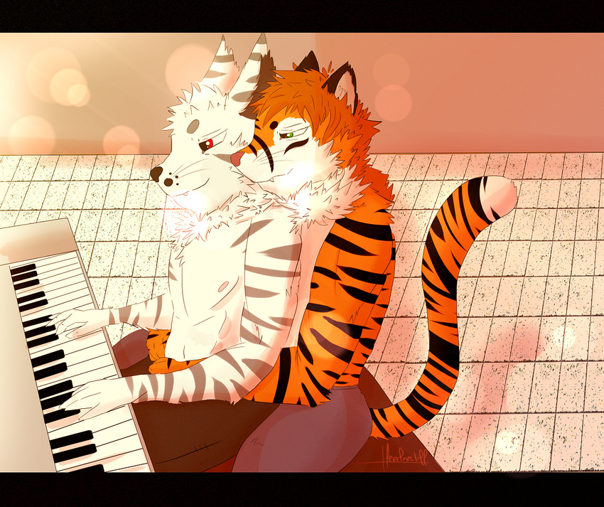 2017 anthro clothed clothing digital_artwork_(media) duo feline green_eyes heathecliff hug keyboard love male male/male mammal music partially_clothed red_eyes romantic_couple sitting smile tiger white_tiger