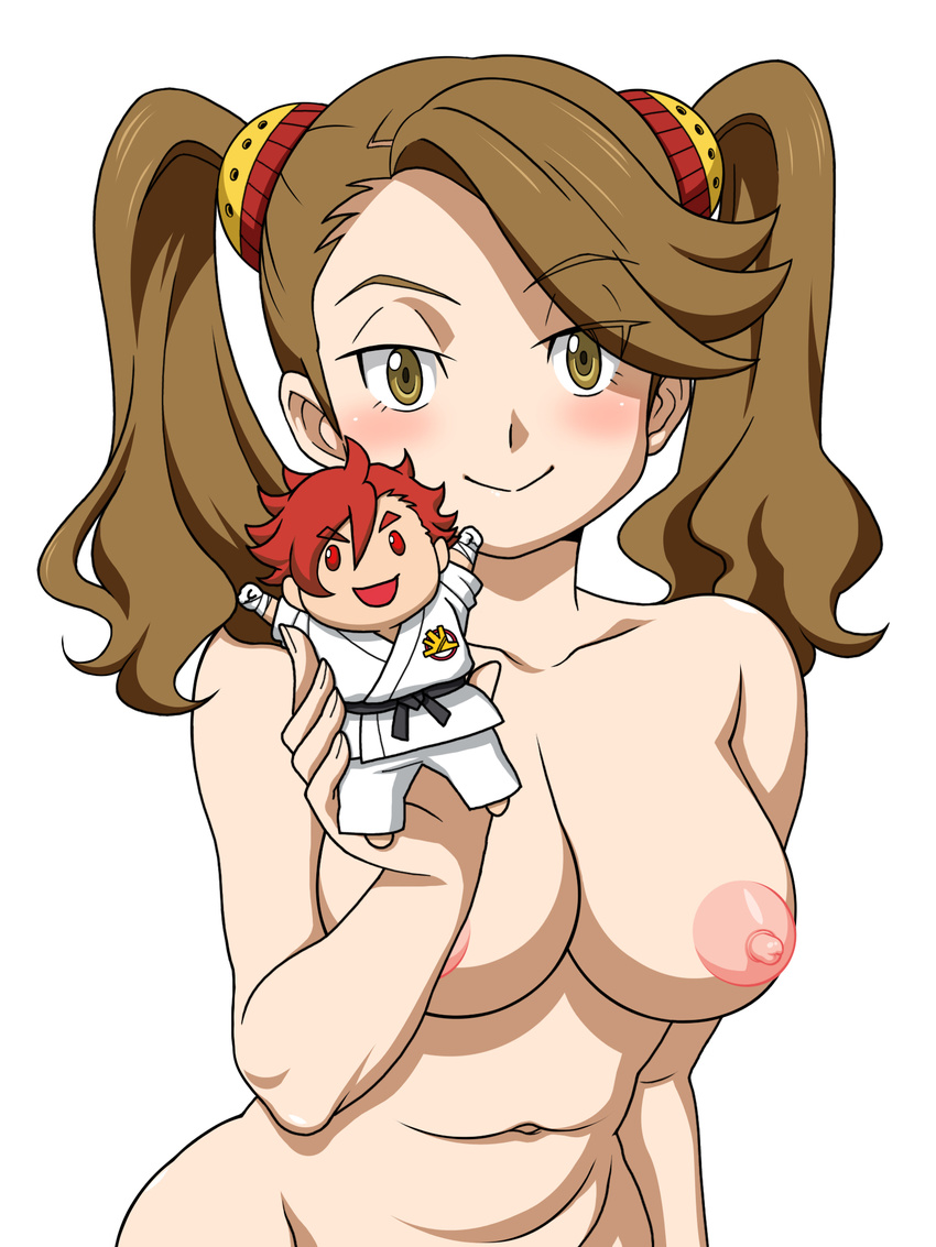 1girl blush breasts brown_eyes brown_hair curvy doll garou_damenade gundam gundam_build_fighters gundam_build_fighters_try kamiki_sekai looking_at_viewer navel nipples nude sazaki_kaoruko smile solo twintails