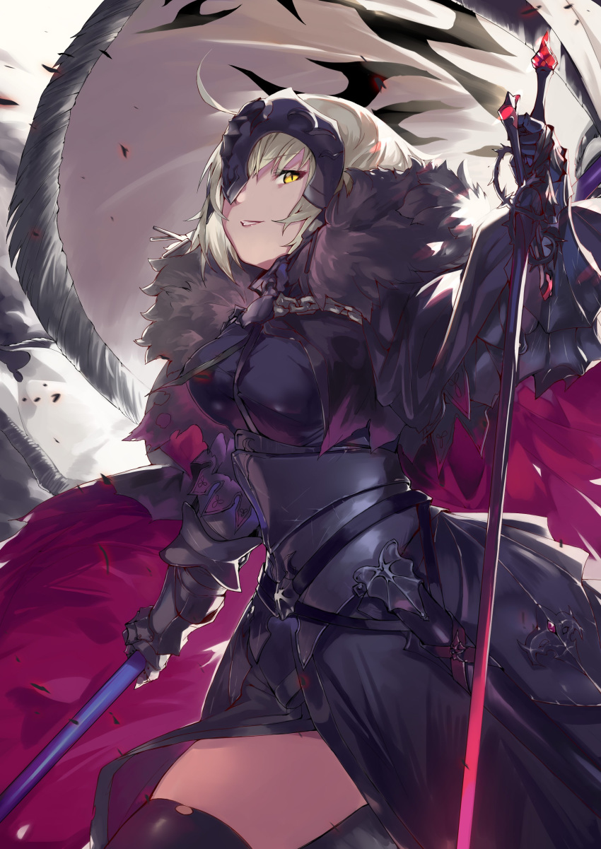 1girl absurdres ahoge armor armored_dress black_dress breasts chains dress fate/grand_order fate_(series) flag fur_trim gauntlets headpiece highres jeanne_d'arc_(alter)_(fate) jeanne_d'arc_(fate)_(all) medium_breasts ohland silver_hair sword thighhighs weapon yellow_eyes zettai_ryouiki