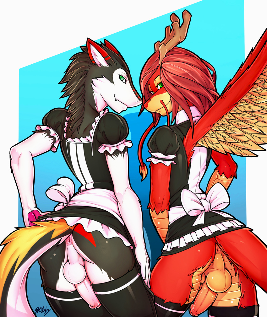 anus balls butt clothing dragon girly gustav ksirum looking_at_viewer maid_uniform male oriental penis sergal skibby uniform wings