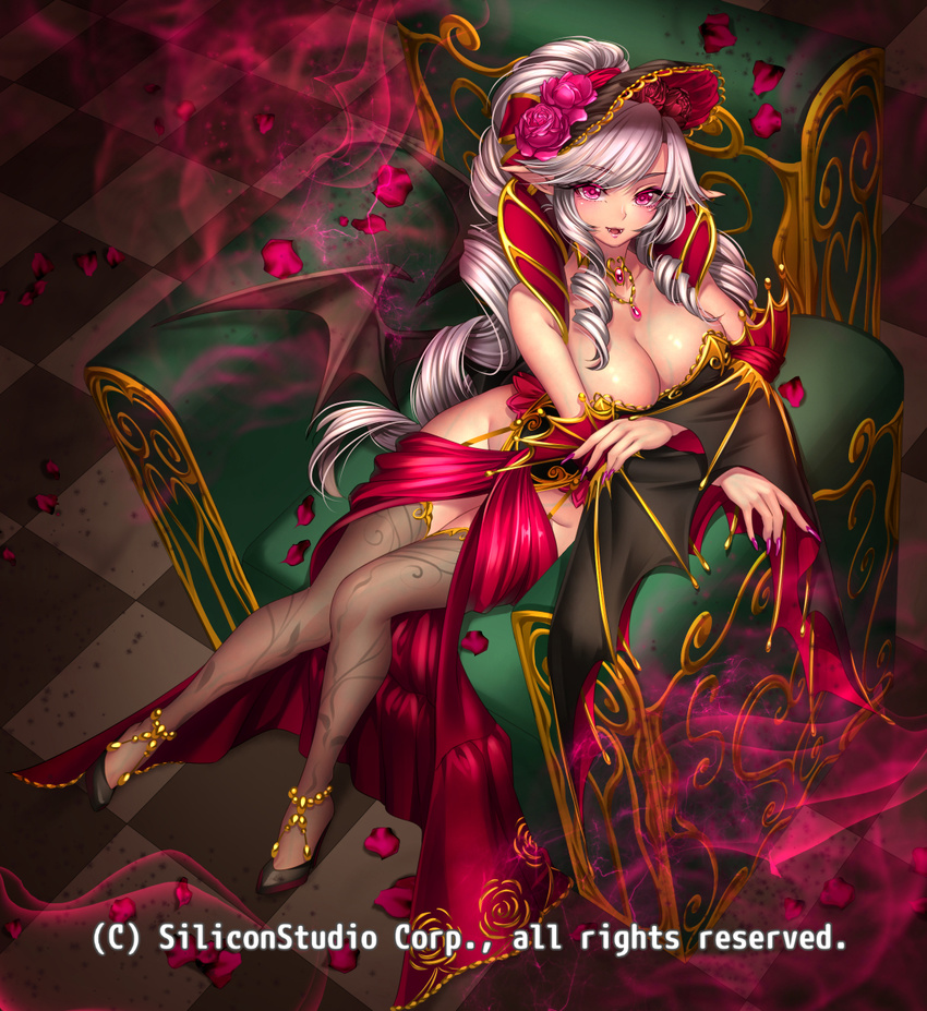 bare_shoulders bat_wings breasts cleavage company_name couch curly_hair fangs flower full_body grey_hair gyakushuu_no_fantasica hair_flower hair_ornament high_heels highres huge_breasts jewelry long_hair nail_polish necklace no_panties official_art open_mouth petals pink_eyes pointy_ears ponytail ryuki@maguro-ex sitting solo thighhighs wings