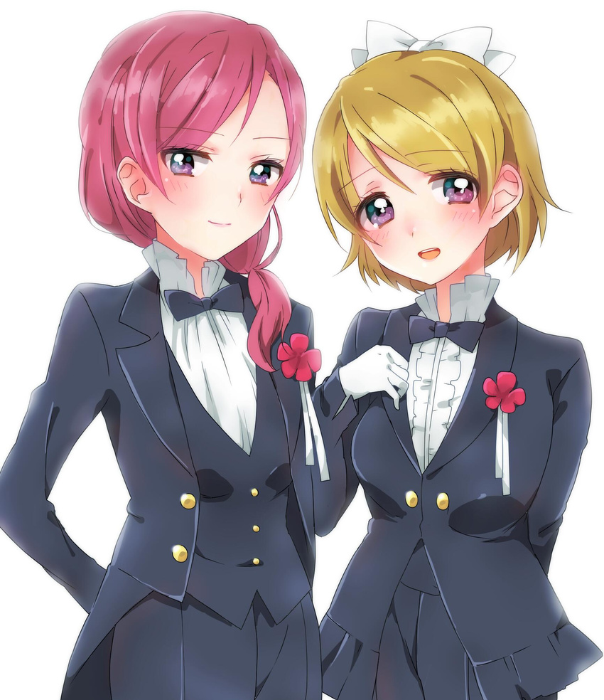 blush boutonniere bow bowtie brown_hair center_frills crossdressing flower formal gloves highres koizumi_hanayo lapel_pin love_live! love_live!_school_idol_project love_wing_bell multiple_girls nishikino_maki notched_lapels open_mouth purple_eyes red_hair shawl_lapels short_hair simple_background skirt smile sorimachi-doufu suit tailcoat tuxedo waistcoat white_background