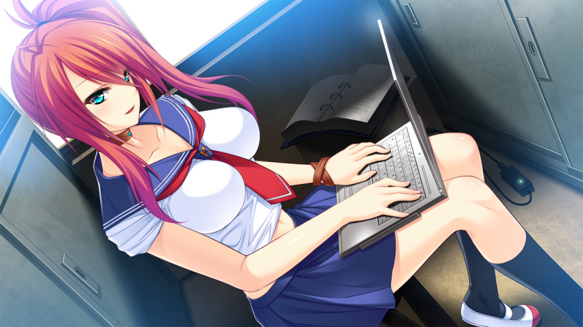 amagai_yukino blue_collar blue_skirt breasts collar computer inase_kowane laptop large_breasts looking_at_viewer morning open_mouth ponytail red_hair school_uniform sitting skirt smile thighs tsuyokiss tsuyokiss_festival white_uniform