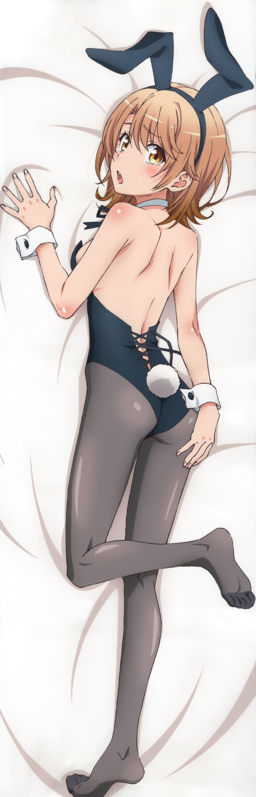 absurdres animal_ears ass bare_back black_hairband black_legwear black_leotard breasts bunny_ears bunny_tail bunnysuit dakimakura eyebrows_visible_through_hair fake_animal_ears from_above full_body hairband highres isshiki_iroha leg_up leotard looking_at_viewer looking_back lying no_shoes official_art open_mouth pantyhose shiny shiny_clothes shiny_skin simple_background small_breasts solo strapless strapless_leotard tail tanaka_yuuichi wrist_cuffs yahari_ore_no_seishun_lovecome_wa_machigatteiru. yellow_eyes