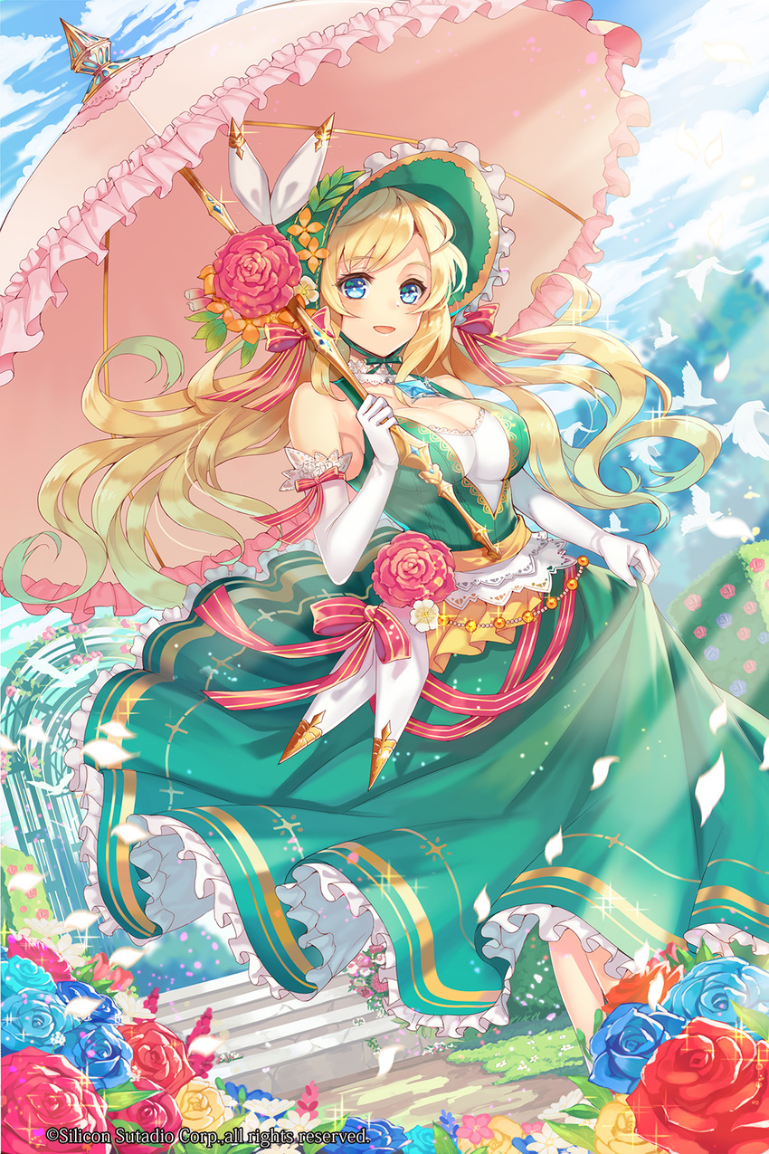 bashikou bird blonde_hair blue_eyes breasts cleavage company_name curly_hair day flower full_body gloves gyakushuu_no_fantasica hat highres large_breasts long_hair official_art open_mouth parasol petals red_flower red_rose rose sky solo sparkle umbrella