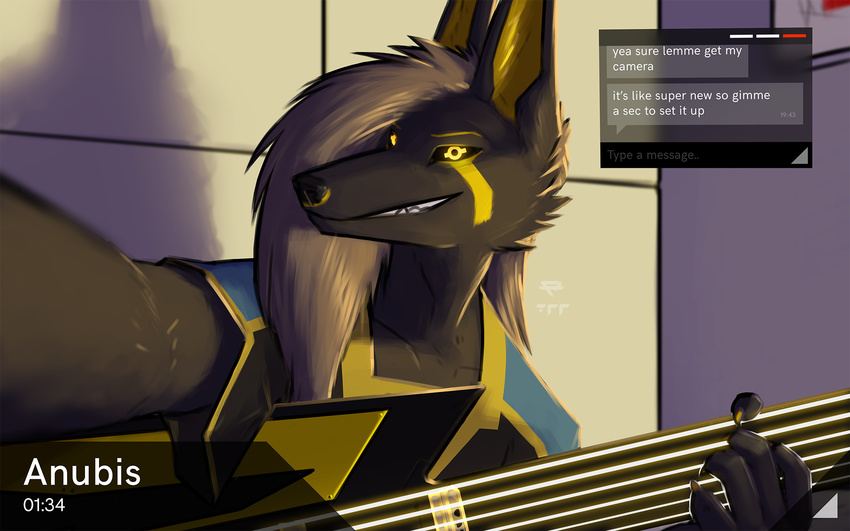 2017 anthro anu anubian_jackal anubis black_fur black_sclera canine claws clothing cybernetics deity digital_media_(artwork) egyptian fur guitar hair jackal kavaeric looking_at_viewer machine male mammal musical_instrument p700 science_fiction smile solo tagme text user_interface