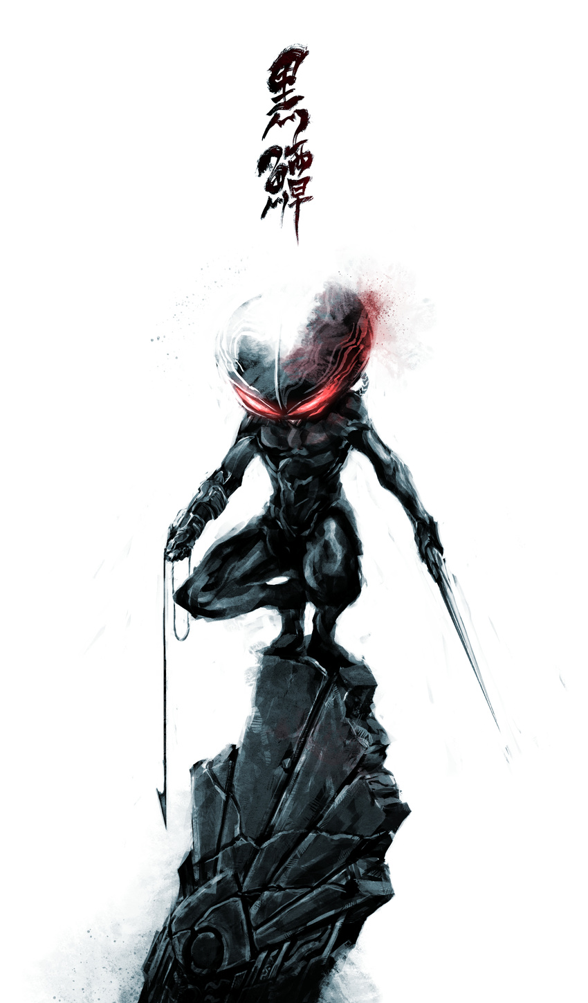absurdres black_manta bodysuit dc_comics full_body gloves glowing glowing_eyes helmet highres male_focus naratani rock simple_background solo sword weapon white_background
