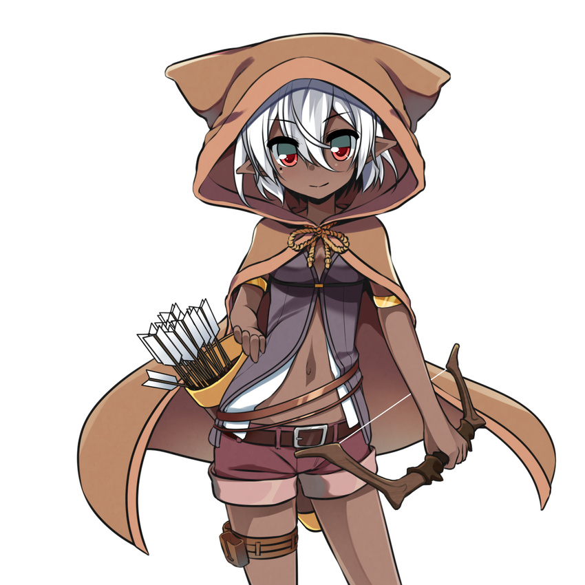 armlet arrow bow_(weapon) cloak dark_skin highres holster hood hooded_cloak looking_at_viewer mole mole_under_eye navel original quiver red_eyes shirasu_youichi short_hair shorts silver_hair simple_background solo thigh_holster weapon