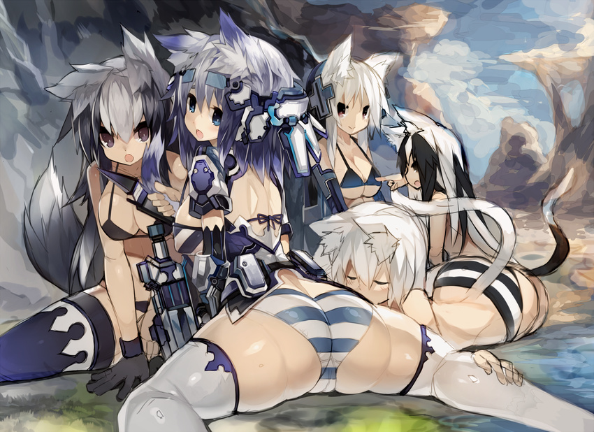 :o animal_ear_fluff animal_ears ass bikini black_hair blue_eyes blue_hair breast_press breasts brown_eyes cameltoe cat_ears cat_tail cleavage closed_eyes large_breasts long_hair looking_at_viewer mamuru multicolored_hair multiple_girls original purple_eyes red_eyes short_hair skindentation smile source_request spread_legs strap_gap striped striped_bikini striped_swimsuit swimsuit tail two-tone_hair white_hair