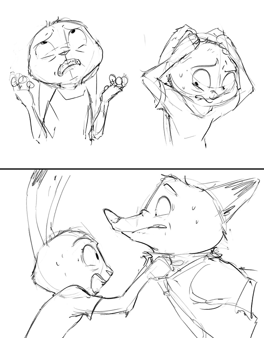 2017 anthro black_and_white canine clothed clothing comic disney duo female fox judy_hopps lagomorph male mammal monochrome nick_wilde rabbit shirt_grab simple_background sprinkah stressed sweat sweatdrop white_background zootopia