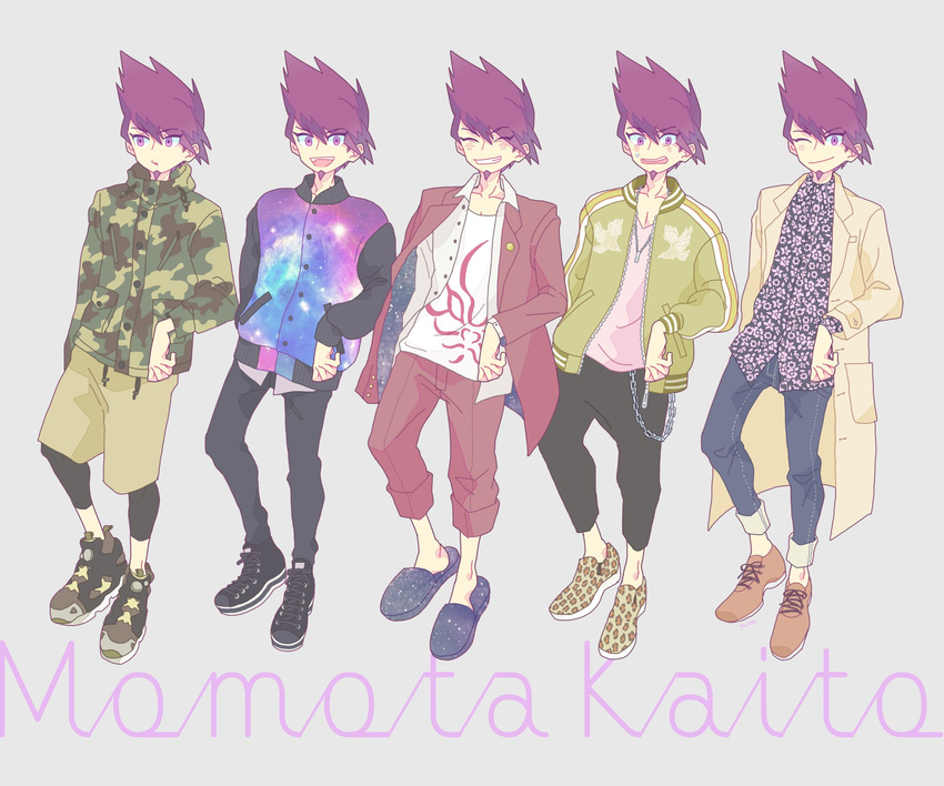 animal_print beard camouflage_hoodie chain danganronpa denim dress-up facial_hair formal goatee highres jacket jeans jewelry khakis leopard_print letterman_jacket loafers looking looking_at_viewer looking_to_the_side male_focus momota_kaito necklace new_danganronpa_v3 open_mouth pants purple_eyes purple_hair school_uniform shirt shoes slacks slippers smile space_print spiked_hair starry_sky_print track_jacket track_pants