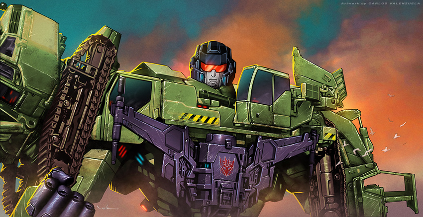 caterpillar_tracks clenched_hand cloud cropped_legs damaged decepticon devastator_(transformers) dusk flying insignia looking_at_viewer mecha realistic redesign robot science_fiction signature size_difference transformers upper_body valzonline watermark