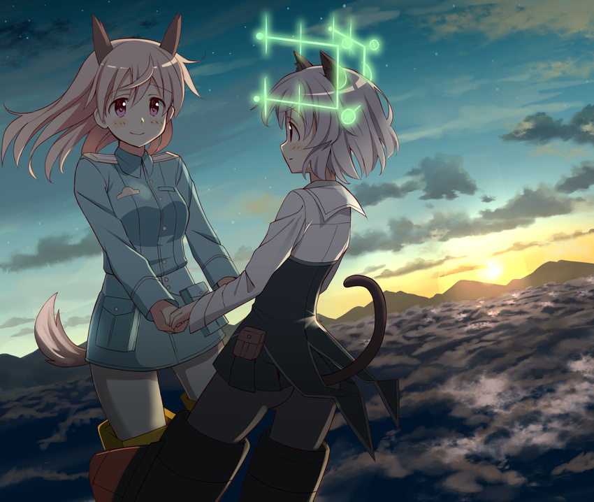 animal_ears bangs black_legwear blue_eyes blue_jacket blush cat_ears cat_tail closed_mouth cloud cloudy_sky commentary_request eila_ilmatar_juutilainen flying fox_ears fox_tail glastonbury1966 hirschgeweih_antennas holding_hands jacket light_smile long_hair long_sleeves looking_at_another military military_uniform multiple_girls pantyhose purple_eyes sanya_v_litvyak short_hair silver_hair sky smile strike_witches striker_unit sunset tail uniform white_hair white_legwear world_witches_series