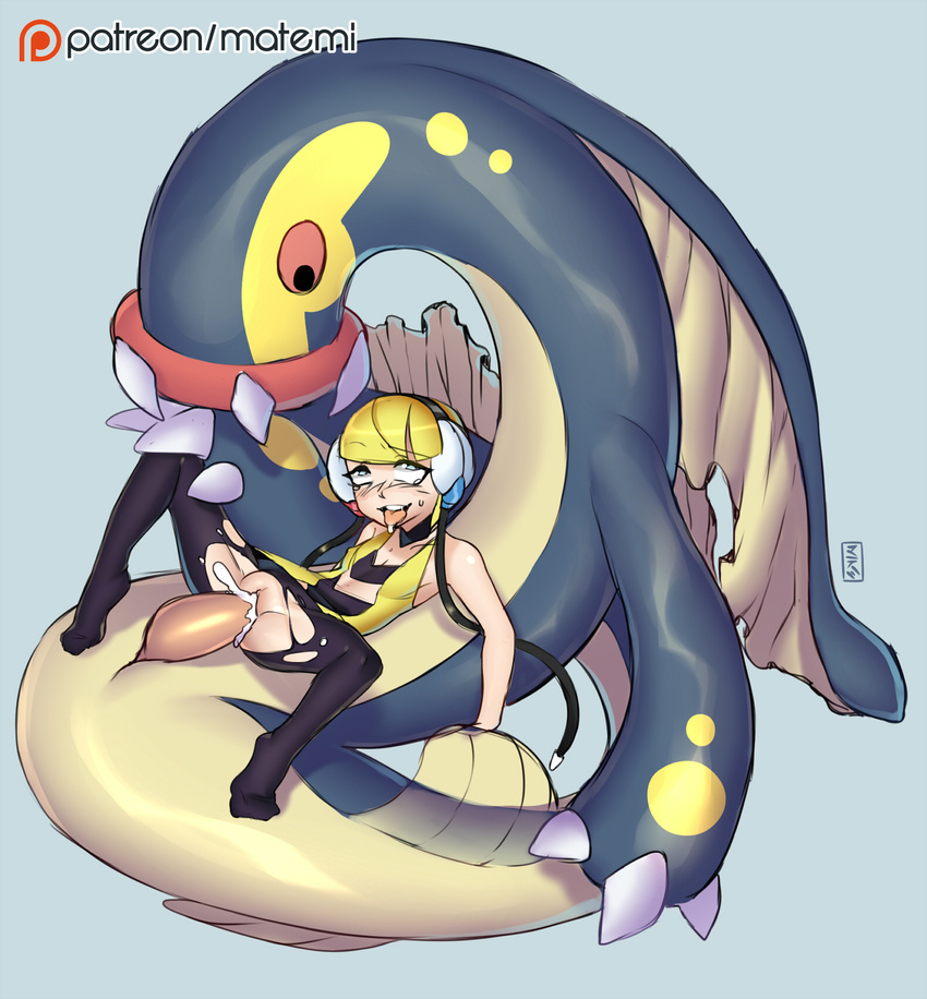 ahegao bestiality blonde_hair claws creature cum cum_in_pussy eelektross gen_5_pokemon highres kamitsure_(pokemon) matemi pantyhose pokemon pokemon_(creature) pokemon_(game) pokemon_bw torn_clothes torn_legwear