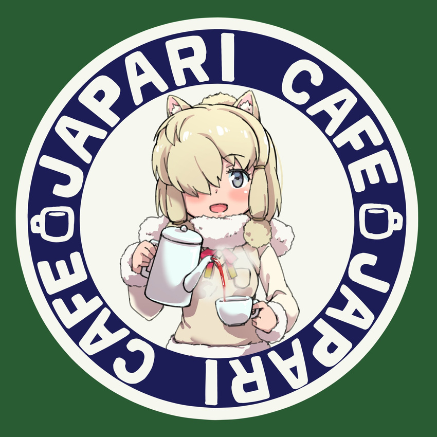 alpaca_ears alpaca_suri_(kemono_friends) animal_ears bangs beige_vest blonde_hair blue_eyes blush breast_pocket breasts cafe commentary_request cup duplicate english eyebrows_visible_through_hair fur-trimmed_sleeves fur_collar fur_trim green_background hair_over_one_eye hair_ribbon highres holding holding_cup jpeg_artifacts karahai_(31448823) kemono_friends long_sleeves looking_at_viewer neck_ribbon open_mouth pocket red_ribbon ribbon shirt short_hair sidelocks simple_background small_breasts smile solo steam swept_bangs tea teacup teapot text_focus tress_ribbon vest white_shirt