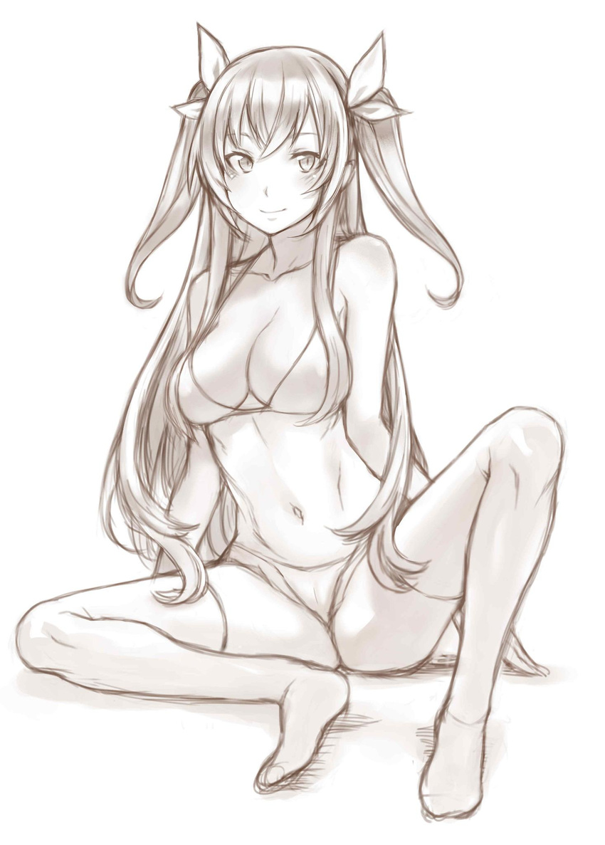 bikini blush breasts hair_ribbon highres long_hair looking_at_viewer medium_breasts monochrome navel original ribbon ricci sitting sketch smile solo spread_legs swimsuit thighhighs two_side_up very_long_hair