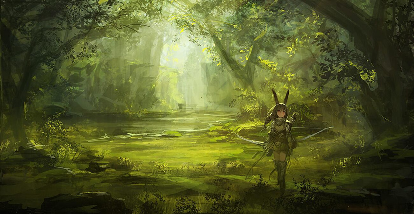 animal_ears boots bow_(weapon) braid bunny_ears commentary_request green lm7_(op-center) long_hair nature original outdoors scenery single_braid skirt solo standing thigh_boots thighhighs tree weapon wide_shot