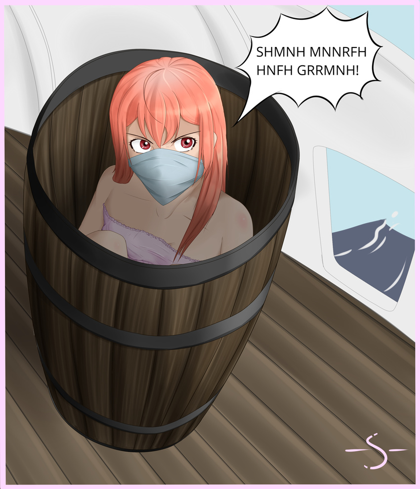 1girl angry barrel boat bondage bound gagged kusaribe_hakaze orange_hair over_the_nose_gag panties red_eyes rope sea ship sundress tied_up zetsuen_no_tempest