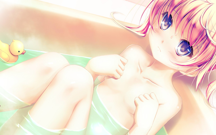 aruciii bath bathtub blush collarbone flat_chest legs nude original pink_hair purple_eyes revision rubber_duck short_hair sitting solo twintails water