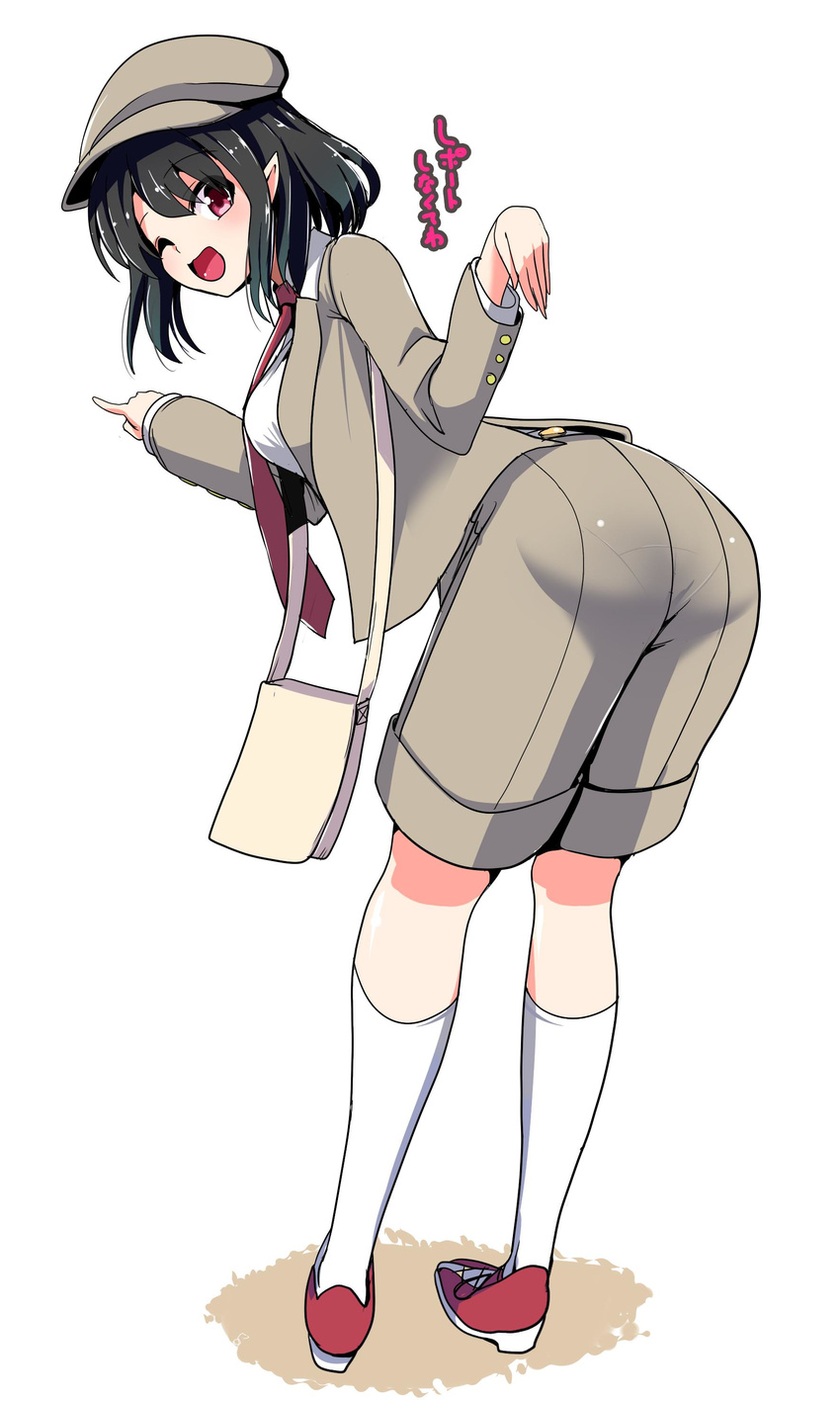 absurdres amisu ass bag black_hair cabbie_hat commentary_request contemporary flat_cap forbidden_scrollery full_body hat highres jacket kneehighs long_sleeves looking_at_viewer looking_back necktie one_eye_closed open_mouth pantylines pointy_ears red_eyes shameimaru_aya shirt shoes short_hair shorts shoulder_bag simple_background smile solo text_focus touhou translated vest white_background white_legwear