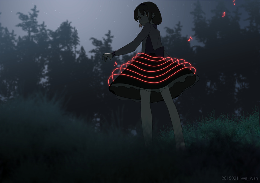 2015 anime_coloring black_skirt bow brown_eyes brown_hair cinkai commentary_request dark dated from_behind glowing grass long_sleeves looking_back outdoors short_hair skirt solo standing star_(sky) touhou tree tsukumo_yatsuhashi twitter_username