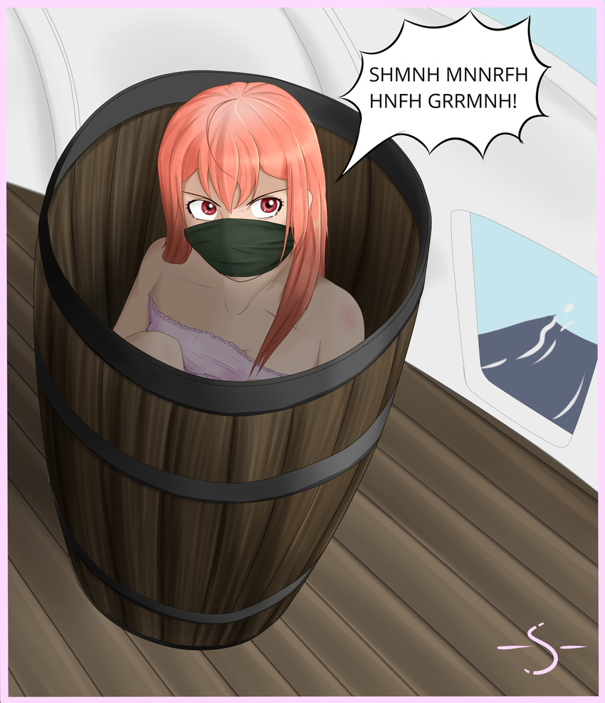 1girl angry barrel boat bondage bound gagged kusaribe_hakaze orange_hair over_the_nose_gag panties red_eyes rope sea ship sundress tied_up zetsuen_no_tempest