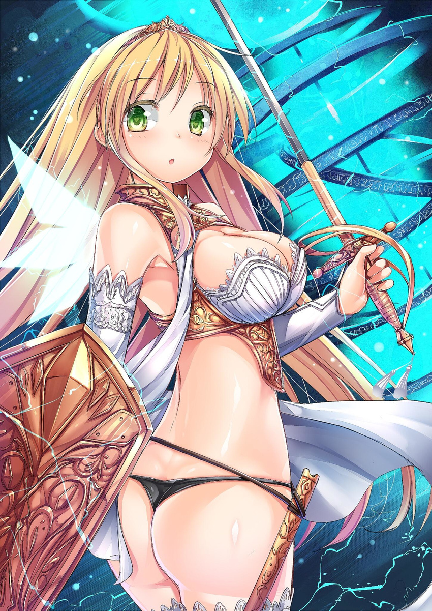 armor ass bare_shoulders bikini_armor black_panties blonde_hair breasts chestnut_mouth cleavage cleavage_cutout detached_collar electricity eyebrows_visible_through_hair green_eyes highres kantarou_(nurumayutei) lace lace-trimmed_thighhighs large_breasts long_hair looking_back open_mouth original panties rapier sheath shield shiny shiny_skin solo sword thighhighs thong tiara underwear very_long_hair weapon white_legwear wings