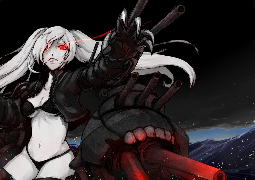 bikini black_bikini black_cloud black_jacket claws commentary_request glowing glowing_eyes glowing_lines hair_over_one_eye highres huntertakumi jacket kantai_collection leather leather_jacket long_hair mechanical_arms navel ocean open_clothes open_jacket outstretched_arm pale_skin red_eyes rigging shinkaisei-kan sneer solo southern_ocean_oni swimsuit teeth thighhighs turret twintails white_hair zipper