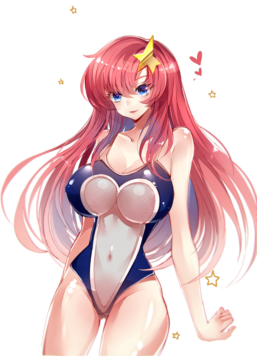 absurdres bad_id bad_pixiv_id baocaizi blue_eyes blush breasts center_opening cleavage commentary_request covered_nipples fishnet_swimsuit gundam gundam_seed gundam_seed_destiny hair_ornament highres impossible_clothes impossible_swimsuit large_breasts long_hair looking_at_viewer meer_campbell navel one-piece_swimsuit pink_hair smile solo star star_hair_ornament swimsuit