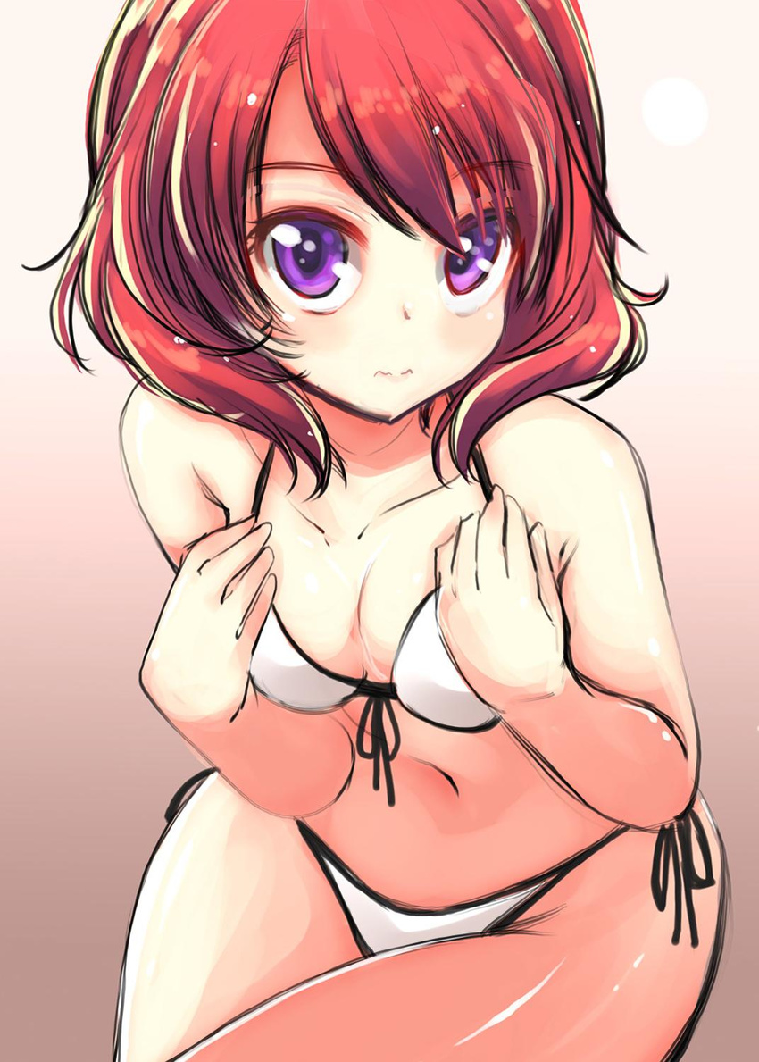 akino_sora bangs bare_shoulders bikini breasts collarbone cowboy_shot front-tie_bikini front-tie_top gradient gradient_background hands_on_own_chest highres looking_at_viewer love_live! love_live!_school_idol_project navel nishikino_maki pink_background purple_eyes red_hair short_hair side-tie_bikini small_breasts solo swept_bangs swimsuit wavy_mouth white_bikini