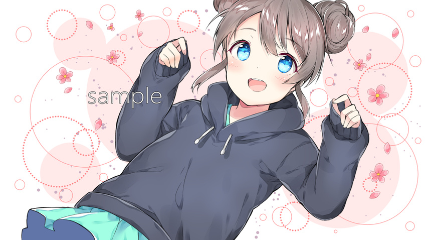 bangs blue_eyes blush brown_hair chitetan commentary_request double_bun eyebrows_visible_through_hair floral_background flower green_skirt hands_up hood hood_down hoodie looking_at_viewer miniskirt open_mouth original red_flower sample skirt sleeves_past_wrists smile solo teeth