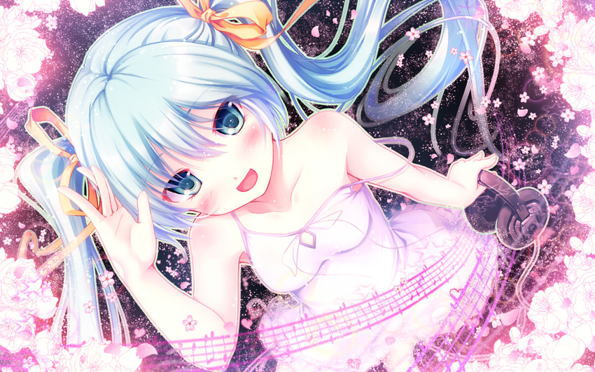 aqua_eyes aqua_hair aruciii blush dress from_above hair_ribbon hatsune_miku headphones long_hair open_mouth revision ribbon solo strap_slip twintails very_long_hair vocaloid