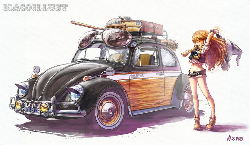 adapted_costume alternate_costume alternate_hairstyle arms_up artist_name bag blonde_hair boots bow braid broom car closed_eyes commentary_request crop_top cutoffs dated full_body ground_vehicle hair_bow hair_ornament hat hat_removed headwear_removed kirisame_marisa long_hair maco_(macoillust) midriff motor_vehicle navel open_fly open_mouth puffy_sleeves shirt short_shorts short_sleeves shorts simple_background smile solo sunglasses touhou twin_braids unzipped vest volkswagen volkswagen_type_1 white_background witch_hat wrist_cuffs
