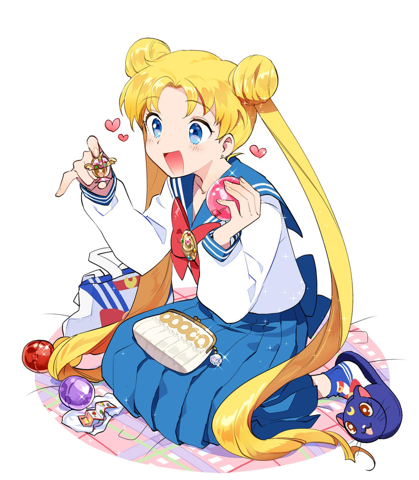 :d bishoujo_senshi_sailor_moon blue_sailor_collar blue_skirt bow coin_purse commentary_request dotaku double_bun earrings gashapon heart highres jewelry juuban_middle_school_uniform long_hair luna_(sailor_moon) open_mouth pleated_skirt red_bow sailor_collar school_uniform seihai_(sailor_moon) serafuku simple_background sitting skirt slippers smile solo tsukino_usagi very_long_hair wariza white_background