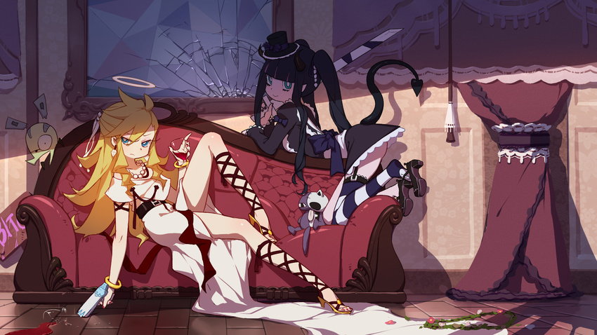 alcohol ankle_lace-up belt blonde_hair blue_eyes bow bracelet broken_glass broken_mirror chuck_(psg) couch cross-laced_footwear crossed_ankles cup curtains demon_tail dress drinking_glass earrings english garter_straps glass gun halo hat highres jewelry lace legwear_removed lolita_fashion long_dress long_hair long_legs makeup mini_hat mini_top_hat mirror mosquito_coils multicolored_hair multiple_girls nail_polish necklace panty_&amp;_stocking_with_garterbelt panty_(psg) pearl_necklace shoe_dangle slouching spill stocking_(psg) strappy_heels striped striped_legwear stuffed_animal stuffed_toy sword tail thighhighs toenail_polish toenails top_hat two-tone_hair wallpaper weapon wine wine_glass