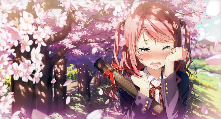 absurdres bangs blush cherry_blossoms clenched_hand collared_shirt crying crying_with_eyes_open day diploma dress_shirt grass highres huge_filesize kantoku kurumi_(kantoku) long_hair long_sleeves neck_ribbon nose_blush one_eye_closed open_mouth original outdoors path petals pink_eyes pink_hair plaid plaid_ribbon red_ribbon ribbon road school_uniform shirt solo swept_bangs tears two_side_up upper_body wing_collar wiping_tears
