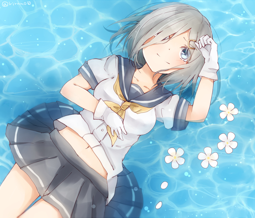 afloat blue_eyes blush breasts flower gloves hair_ornament hair_over_one_eye hairclip hamakaze_(kantai_collection) hand_on_own_chest kantai_collection large_breasts lying miniskirt navel no_legwear on_back petals petals_on_liquid riruno school_uniform serafuku short_hair short_sleeves silver_hair skirt smile solo water white_gloves