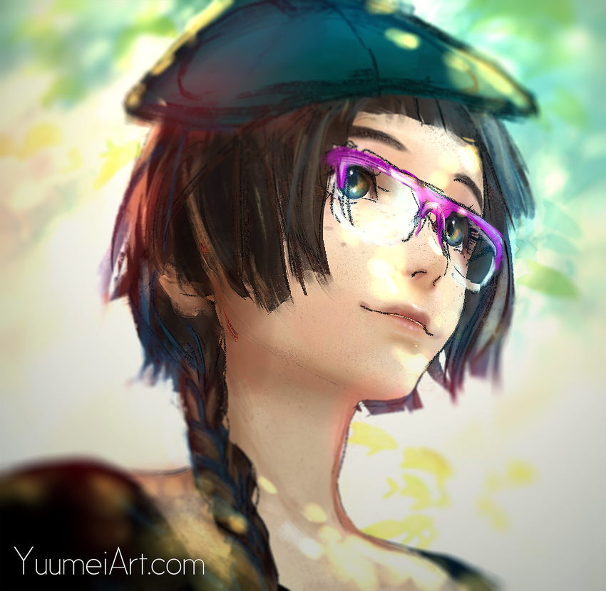 1girl blue_eyes braid breasts fisheye_placebo glasses hat highres long_hair solo watermark web_address wenqing_yan