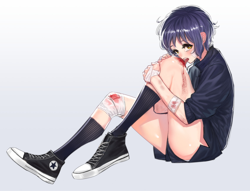 bandages blood blush bruise bukimi_isan commentary gradient gradient_background idolmaster idolmaster_million_live! injury kneehighs licking makabe_mizuki purple_hair shoes short_hair short_shorts shorts sitting sneakers solo sweater thighs tongue yellow_eyes