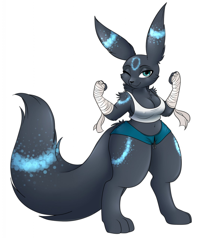 2016 anthro anthrofied black_fur breasts cleavage clothed clothing eeveelution female fluffy fluffy_tail fur green_eyes hi_res long_ears long_tail markings nintendo nipple_bulge one_eye_closed pok&eacute;mon shirt short_stack shorts simple_background smile solo sweetlemondragon tank_top thick_thighs tight_clothing umbreon video_games wide_hips wink wraps