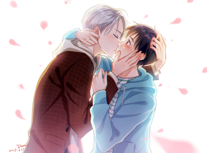 artist_name black_hair blush brown_eyes closed_eyes dated dorris from_side hand_on_another's_face highres hood hoodie imminent_kiss katsuki_yuuri male_focus multiple_boys petals profile signature silver_hair viktor_nikiforov yaoi yuri!!!_on_ice