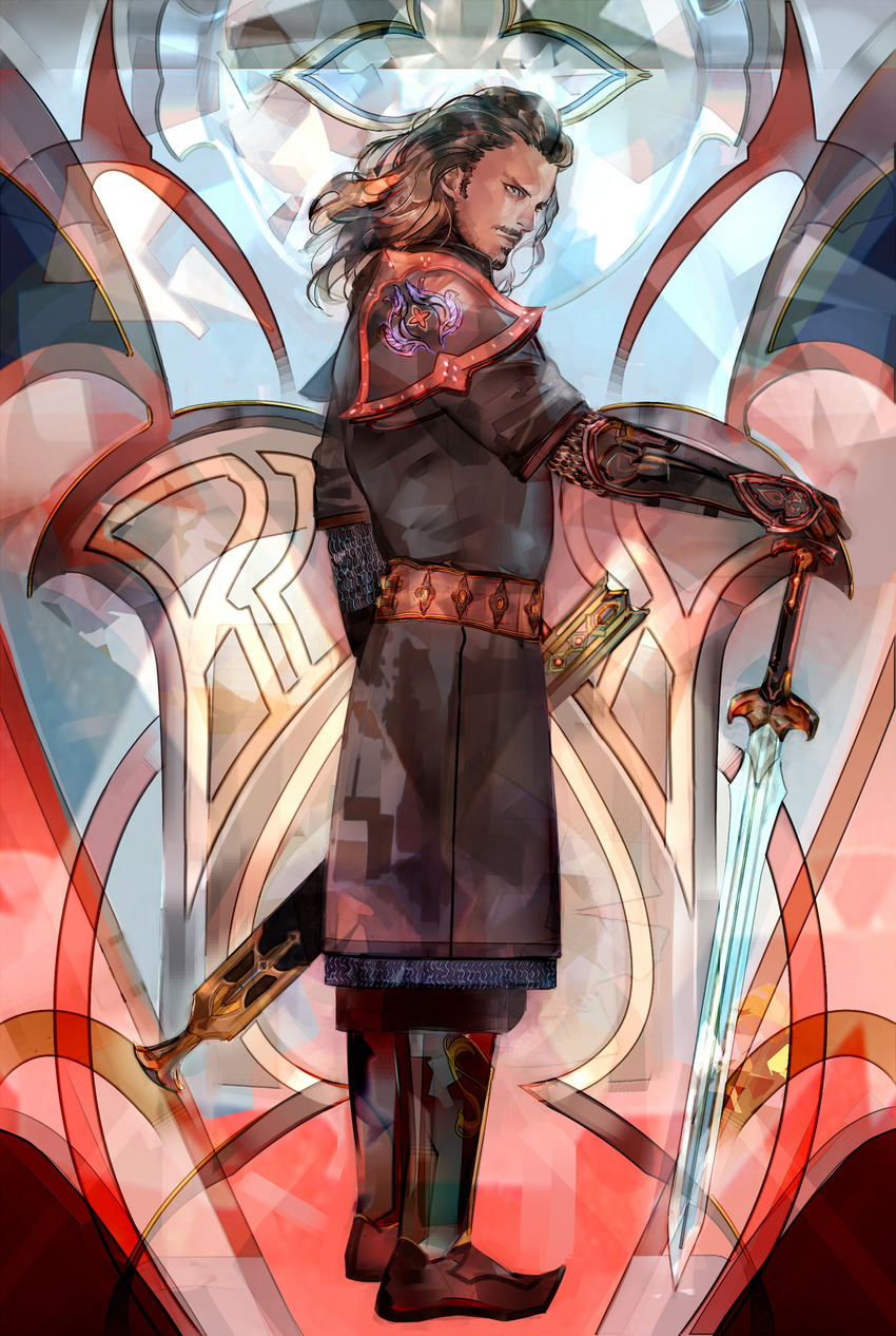 armor bard_(the_hobbit) beard black_hair blue_eyes boots facial_hair gloves highres long_hair male_focus mustache saiga_tokihito solo sword the_hobbit weapon