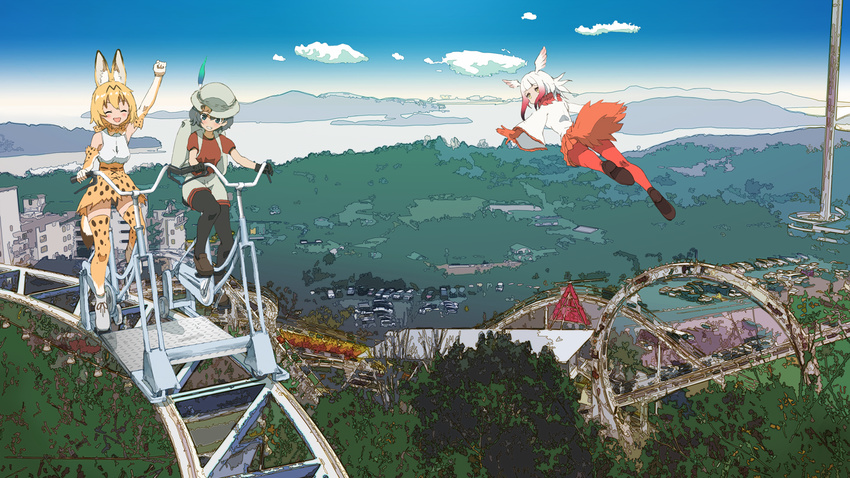:d ^_^ amusement_park animal_ears arm_up backpack bag bangs bare_shoulders black_hair blonde_hair blue_eyes blunt_bangs blush boots bow bowtie building car closed_eyes cloud commentary_request day elbow_gloves flying forest frills gloves ground_vehicle hat hat_feather head_wings helmet japanese_crested_ibis_(kemono_friends) kaban_(kemono_friends) kemono_friends lake loafers long_sleeves looking_at_another motor_vehicle multicolored_hair multiple_girls nature open_mouth pantyhose parking_lot pith_helmet pleated_skirt red_gloves red_hair red_legwear roller_coaster ruins rust scenery serval_(kemono_friends) serval_ears serval_print serval_tail shirt shoes short_hair shorts sidelocks skirt sky sleeveless smile tail thighhighs two-tone_hair washu_junkyu white_hair white_shirt yellow_eyes zettai_ryouiki |d