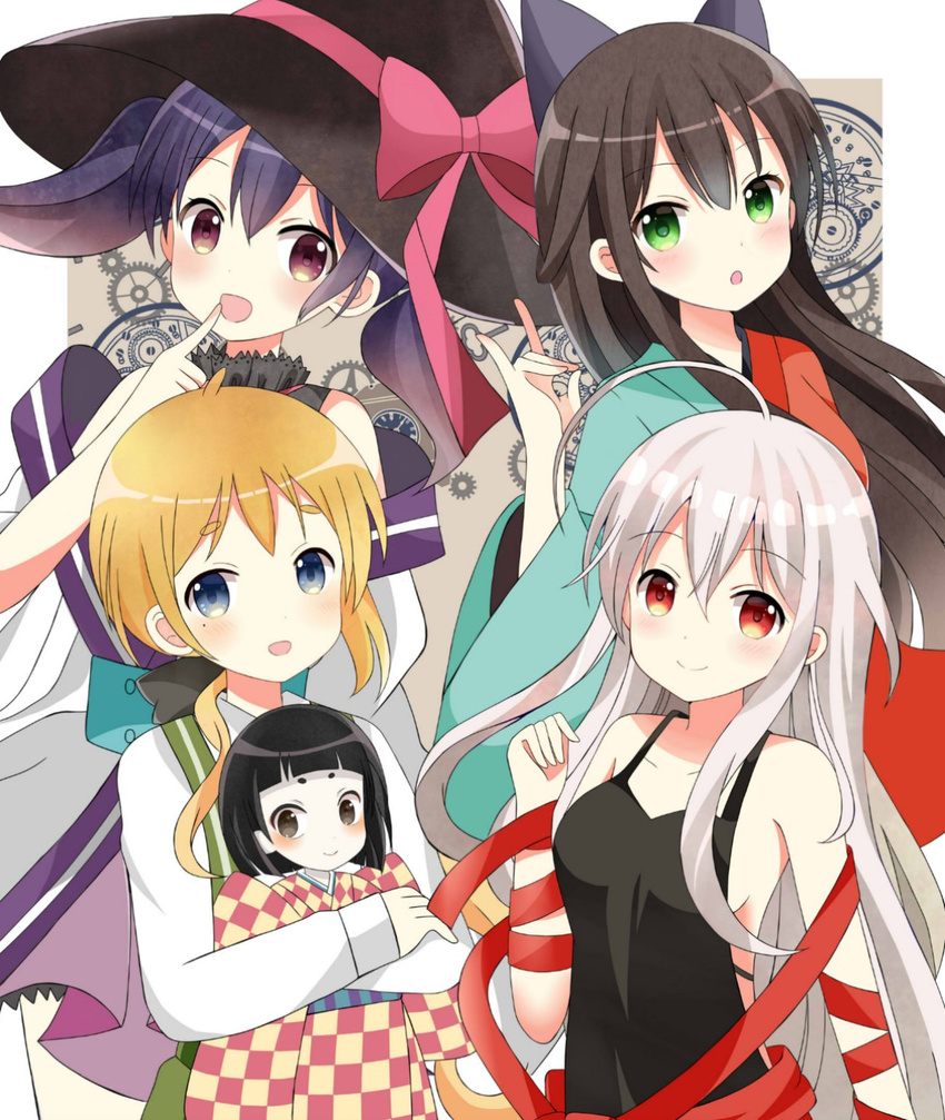 :d :o ahoge bangs bare_shoulders black_bow black_hair black_hat black_shirt blue_eyes blue_hair blunt_bangs blush bob_cut book bow bowtie branch breasts brown_background brown_eyes brown_hair buttons checkered checkered_kimono chiya_(urara_meirochou) clockwork closed_mouth collarbone commentary_request cowboy_shot cross doll eyebrows_visible_through_hair finger_to_mouth flower frilled_shirt_collar frilled_skirt frills gears green_eyes green_hakama hair_between_eyes hair_bow hakama hand_gesture hat hat_ribbon highres holding holding_doll japanese_clothes kimono latin_cross long_hair long_sleeves looking_at_viewer matsuko_(urara_meirochou) medium_breasts mole mole_under_eye multicolored multicolored_clothes multicolored_kimono multiple_girls natsume_nono obi off_shoulder open_mouth orange_hair outside_border pink_ribbon ponytail purple_eyes purple_skirt red_eyes ribbon ryoutan sash shirt short_eyebrows short_hair sideboob silver_hair skirt sleeveless sleeveless_shirt smile striped striped_shirt tank_top tatsumi_kon thick_eyebrows twintails urara_meirochou vertical-striped_shirt vertical_stripes very_long_hair white_kimono white_shirt wide_sleeves winding_key witch_hat yukimi_koume